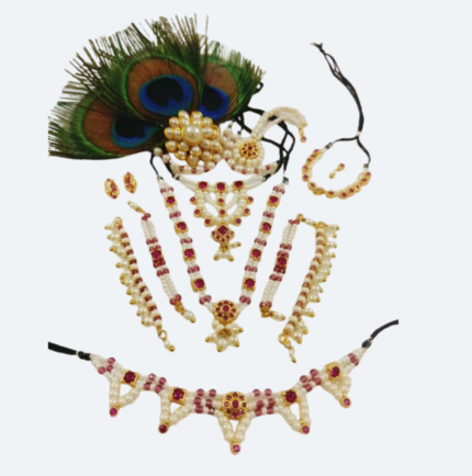 Premium Pearl & Ruby Stone Jewellery Set for Laddu Gopal Ji – Complete Shringar Set